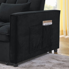 Sleeper Sofa, Convertible Sofa, Recliner, Bed, 3-in-1, 3-Position Adjustable Backrest, 2-Seater Sectional, Two Side Pockets, 2 Pillows for Living Room, Apartment, etc., Velvet Black 54' Wide.