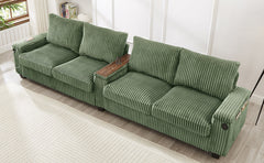 Modern 4-Seater Corduroy Sofa with USB Ports, Hidden Storage Arms, Flip-Top Cup Holders, Green, 133'