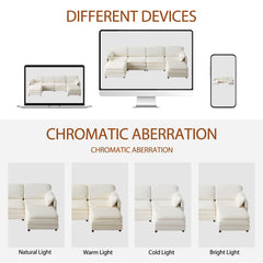 136' Plush Cloud 3-seater Sofa: Modular 4-seater Sofa + 2 Footstools with 22' Beige Chenille Cushions + 2 Throw Pillows - Compact Size for Apartment, Living Room, Bedroom (Beige)