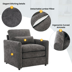 Cozy Upholstered Armchair with Double Cushion in Grey Chenille, 31.9 Inches