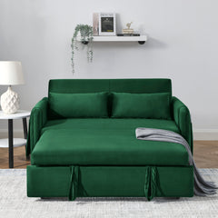 55' Modern Convertible Sofa Bed with 2 Detachable Arm Pockets, Velvet Loveseat Sofa with Pull Out Bed, 2 Pillows and Living Room Adjustable Backrest, Grid Design Armrests