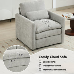 Cozy Upholstered Armchair Oversized Comfy Cloud Sofa Double Cushion Single Sofa in Light Grey Chenille, 31.9'