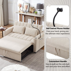 Convertible Sofa Bed Loveseat with USB Ports, Side Pockets, Cup Holders, Swivel Phone Holder, Beige, Bella Fabric