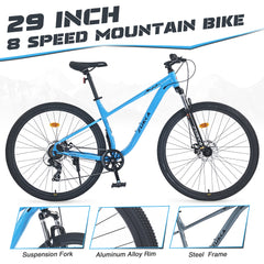 29 Inch Wheels 8 Speed Mountain Bike, for Men Women Boys and Girls, Front Suspension, Steel Frame