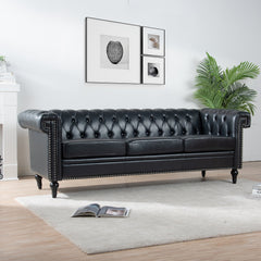 Traditional Black PU 3-Seater Sofa with Removable Cushions and Birch Legs, 83.66 Inch Width