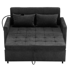 Contemporary 56.9' Loveseat Sofa Bed Sleeper with Reversible Backrest, Side Pockets, USB Ports, Phone Holder, Black Chenille