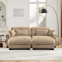 Modern Camel Velvet Two-Seater Sofa with Ottoman and Round Bolster Armrests