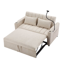 Convertible Sofa Bed Loveseat with USB Ports, Side Pockets, Cup Holders, Swivel Phone Holder, Beige, Bella Fabric