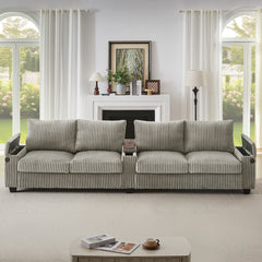 Modern 4-Seater Corduroy Sofa Couch with USB Ports, Hidden Storage Arms, and Flip-Top Cup Holders, Brown, 133 Inches