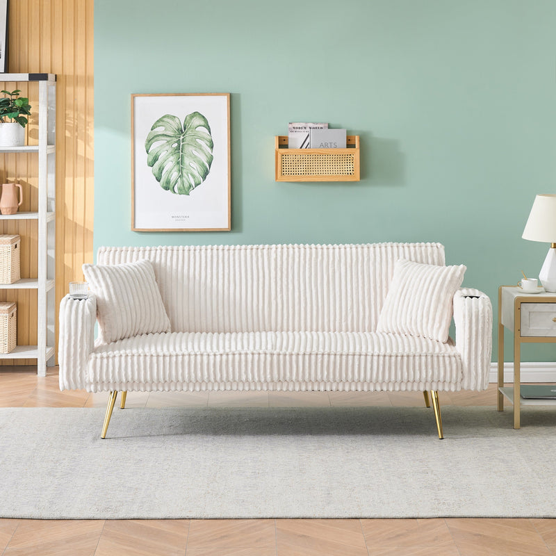 74.01 inch straight corduroy sofa bed with pillows, adjustable in three levels, designed in a minimalist style, suitable for use in living rooms and study rooms.White