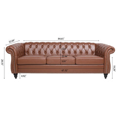 Classic Chesterfield Three Seater Sofa Brown PU Leather with Rolled Arms and Birch Legs 84.65 Inches