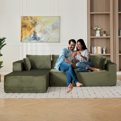 Compression Sectional Couch with Comfy Chaise, Boneless L Shape Sofa with Deep Seat, Minimalist Modular Couches Sleeper for Living Room Bedroom Apartment Lounge,corduroy,Green