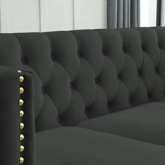 {Contact us for 3D modeling} Velvet Sofa for Living Room,Buttons Tufted Square Arm Couch, Modern Couch Upholstered Button and Metal Legs, Sofa Couch for Bedroom, Black Velvet(W834S00022)