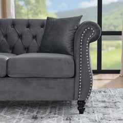 58.8' Chesterfield Sofa Grey Velvet for Living Room, 2 Seater Sofa Tufted Couch with Rolled Arms and Nailhead for Living Room, Bedroom, Office, Apartment, two pillowsW834S00069