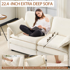 69' PLUSH CLOUD LOVESEAT: Modular 2-Seater Sectional Sofa with 22' Beige Chenille Cushions + 2 Throw Pillows - Compact Size for Apartment, Living Room, Bedroom (Beige)