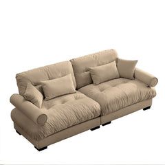 Modern Velvet Two-Seater Sofa with Bolstered Armrests and Pillows, Camel