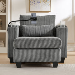 Convertible Chaise Lounge Sofa Chair Corduroy Sleeper with USB Ports, Cup Holders, Storage, Grey