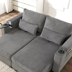 Convertible Chaise Lounge Sofa Chair Corduroy Sleeper with USB Ports, Cup Holders, Storage, Grey