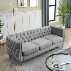 {Contact us for 3D modeling}  Velvet Sofa for Living Room,Buttons Tufted Square Arm Couch, Modern Couch Upholstered Button and Metal Legs, Sofa Couch for Bedroom, Grey Velvet .2PCS