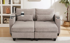 Convertible Chaise Lounge 63' Loveseat Sofa Bed with USB Ports, Cup Holders, Phone Holder, Storage, Brown Corduroy