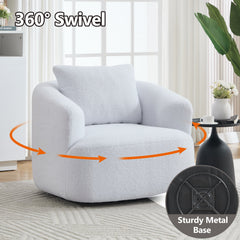 360° Swivel Round Upholstered Comfy Chair With One Soft Pillow, Teddy Fleece High-Resilience Sponge Single Sofa, No Assembly for Living Room, Bedroom, Apartment, White