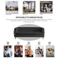 {Contact us for 3D modeling} Velvet Sofa for Living Room,Buttons Tufted Square Arm Couch, Modern Couch Upholstered Button and Metal Legs, Sofa Couch for Bedroom, Black Velvet(W834S00022)