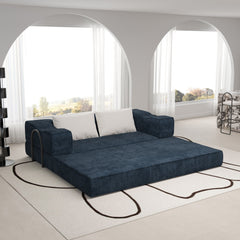 80' Convertible Couch Bed with 2 Pillows, 3-Seat Folding Floor Couch & King Size Bed Mattress, DIY Combination,Chenille,Blue