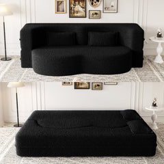 Modern Floor Sofa with 2 Pillows,Convertible Teddy Fabric Foam Filled Sleeper Sofa Bed,15 ' Full Size Folding Mattress for Living Room,Guest Bed,Playroom,No Assembly Required,Black
