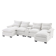 Modern U-shaped Sofa with Console, Cupholders & USB Ports, 6-seat Upholstered Furniture, Chenille, 123*55 inches, White