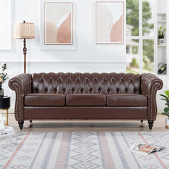 Dark Brown PU Rolled Arm Chesterfield Three Seater Sofa with Solid Wood Frame and Birch Legs