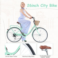 7 Speed City  Bike With  Basket , Steel Frame,Multiple Colors 26 Inch Girls Bicycle