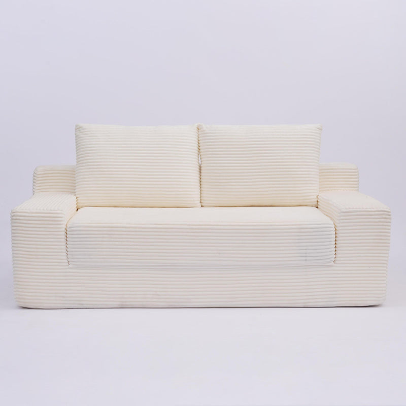 Loveseat Sofa, Comfortable Deep Seat Sofa Bed, Modern Small Corduroy Couch for Living Room Bedroom,Reversible Cushion with Pillows,No Assembly Required,White
