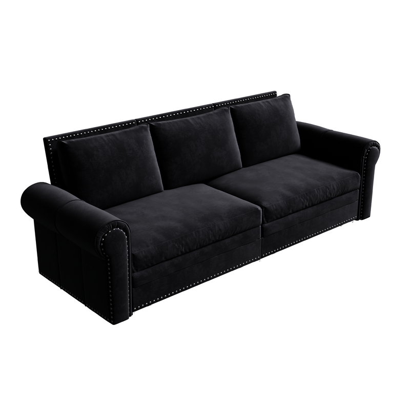 93.7 ' King Pull Out Sofa Bed, Chesterfield Sofa, 3-in-1 Velvet Convertible Sleeper Sofa with Nailhead Trim & Rolled Arm, Multi-Functional Sofa Bed for Living Room, Bedroom, Apartment, Office, Black