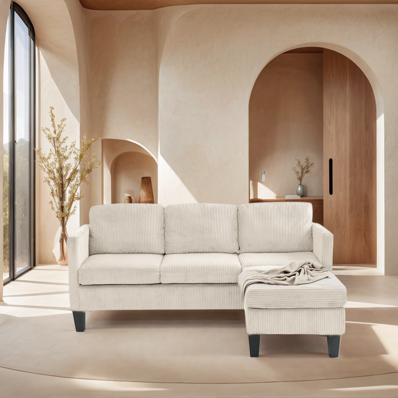 L-Shaped Sofa with Padded Corduroy: Multi-functional Design, Modern Luxury Appearance - Ideal for Living Rooms, Apartments - Easy Assembly & Maintenance,off-white