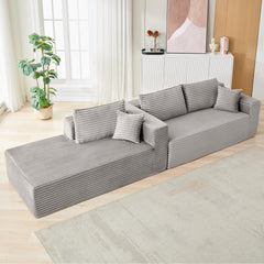 Compression Sectional Couch with Comfy Chaise, Boneless L Shape Sofa with Deep Seat, Minimalist Modular Couches Sleeper for Living Room Bedroom Apartment Lounge,corduroy,Grey