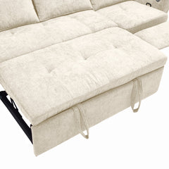 Beige 2-in-1 82' Three-seater Sofa with Pull-out Bed and Reversible Recliner, Chenille Upholstery