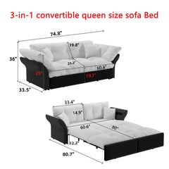 74.8' Queen Pull Out Sofa Bed, 3-in-1 Convertible Sleeper Tufted Sofa with 2 Soft Pillows,Multi-Functional Velvet Loveseat Bed,Grey(New Sku:W1885S00170/W1885S00218)