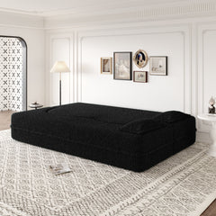 Modern Floor Sofa with 2 Pillows,Convertible Teddy Fabric Foam Filled Sleeper Sofa Bed,15 ' Full Size Folding Mattress for Living Room,Guest Bed,Playroom,No Assembly Required,Black