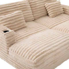 Plush Upholstered Oversized Double Chaise Lounge Sofa with USB Ports and Cup Holders, Champagne, Faux Rabbit Fur, 83.5'