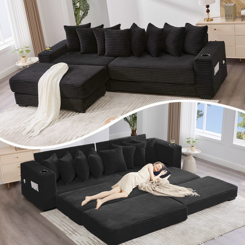 [NEW ARRIVED] [VIDEO PROVIDED] 110.75' Modular L Shaped Sofa, Corduroy Fabric Sectional Couch,With a movable footstool, Cup Holders,Bring 8 throw pillows,Side Pocket,Unfold into a Bed,Black