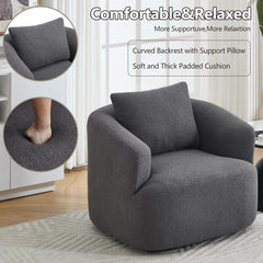 360° Swivel Round Upholstered Comfy Chair With One Soft Pillow, Teddy Fleece High-Resilience Sponge Single Sofa, No Assembly for Living Room, Bedroom, Apartment, Dark Grey.