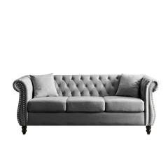 [Video] 80' Chesterfield Sofa Grey Velvet for Living Room, 3 Seater Sofa Tufted Couch with Rolled Arms and Nailhead for Living Room, Bedroom, Office, Apartment, two pillowsW834S00009