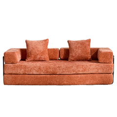 Floor Couch,Compression Sofa,Convertible Floor Sofa Bed-with Pillow Back Support Armrest,Comfy Futon Couch Lounge Sleeper Bed,chenille fabric,for Living Room Bedroom (orange)