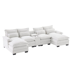 Modern U-shaped Sofa with Console, Cupholders & USB Ports, 6-seat Upholstered Furniture, Chenille, 123*55 inches, White