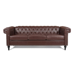Traditional Dark Brown 3 Seater Sofa with Removable Cushions and Square Arms in PU Material