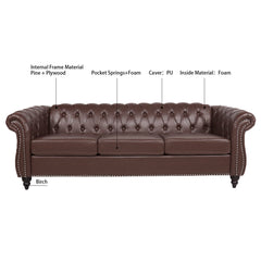 Dark Brown PU Rolled Arm Chesterfield Three Seater Sofa with Solid Wood Frame and Birch Legs