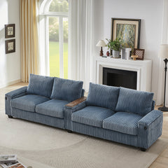 Modern 4-Seater Corduroy Sofa Couch with USB Ports, Hidden Storage, Flip-Top Cup Holders, Blue, 133'