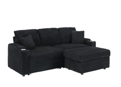 80' Corduroy Multi-Function Sofa with Hidden Reclining, Space Saving Design, Armrests, Cup Holders and Removable Footstool, Black
