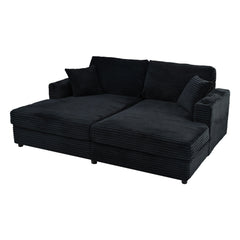 Oversized Loveseat Chaise Lounge Sectional Sofa Bed with USB Ports, Cup Holders, and Pillows, Black Corduroy