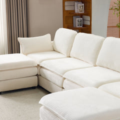 136' Plush Cloud 3-seater Sofa: Modular 4-seater Sofa + 2 Footstools with 22' Beige Chenille Cushions + 2 Throw Pillows - Compact Size for Apartment, Living Room, Bedroom (Beige)